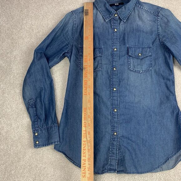 Uniqlo Women Small Pearl Snap Western Chambray Pocket Button Shirt Long Sleeve - Picture 11 of 12